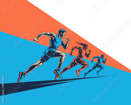 Athletic runners competing in vibrant graphic illustration style modern sport competition concept dynamic motion action with energetic athletes racing towards finish line representing success teamwork