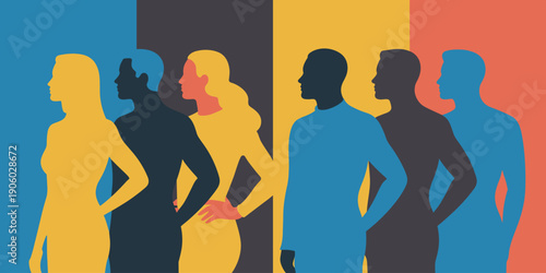 Diverse group of people standing in line diverse multiethnic crowd diversity concept unity teamwork collaboration professional individuals silhouettes in colorful background for corporate presentation