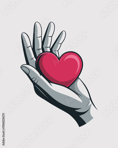 Stylized hand holding red heart symbol of love and care offering compassion kindness and emotional support for healthcare charity and well being concepts graphic illustration