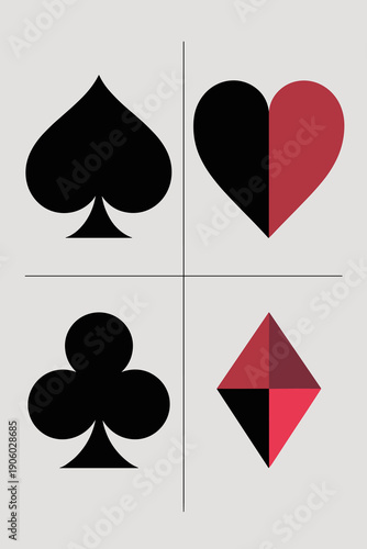 Four playing card suits spade heart club diamond graphic illustration clean minimalist design modern abstract concept for gambling games chance or strategy themes
