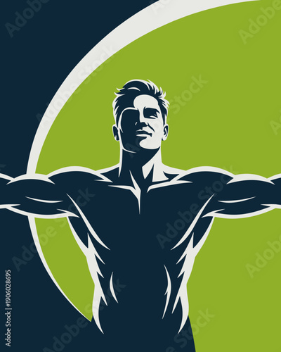 Muscular man open arms facing forward confident triumphant pose graphic illustration healthy lifestyle concept strong male silhouette business success and motivation symbol for fitness and wellness in