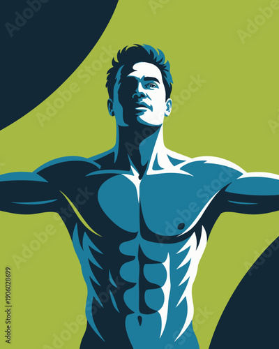 Muscular athletic man with defined abs and toned physique arms outstretched in confident pose vibrant vector illustration symbolizing health strength and vitality for fitness lifestyle sports advertis