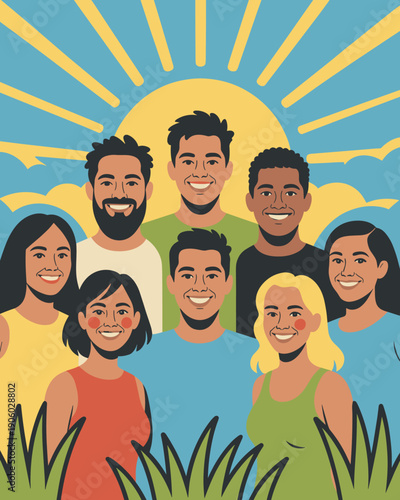 Diverse group of happy smiling people standing together in front of bright sun and blue sky with green grass foreground representing unity teamwork community diversity and positive collaboration for g