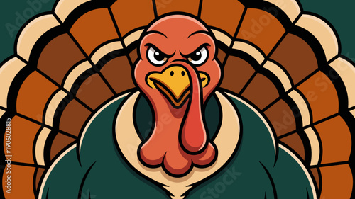 Angry cartoon turkey mascot face with aggressive stare and fanned tail feathers illustration for Thanksgiving holiday season marketing advertising and autumn harvest celebration concepts