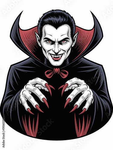 Terrifying classic vampire count with sharp fangs red eyes and long claws wearing a black cape and red bow tie emerging from darkness for Halloween horror spooky night event celebration supernatural m