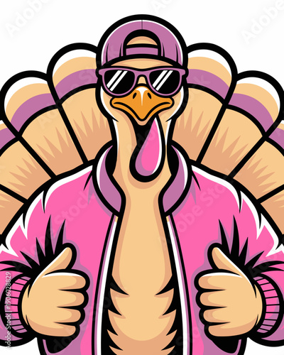 Cool cartoon turkey character wearing pink bomber jacket sunglasses and baseball cap giving thumbs up gesture for Thanksgiving autumn harvest festive celebration humor marketing advertising graphic il