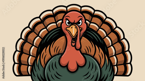 Angry cartoon turkey character with fanned tail feathers displaying aggressive expression ready for Thanksgiving holiday autumn celebration marketing and festive design elements for autumn harvest sea