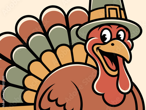 Happy cartoon turkey wearing pilgrim hat celebrating Thanksgiving holiday autumn harvest festival festive bird character illustration for seasonal greetings autumn celebrations food and dining concept