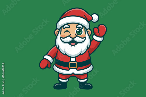 Cute cartoon Santa Claus character waving hello with a friendly wink and cheerful smile illustration for Christmas holiday marketing advertising and seasonal greetings festive winter celebration conce