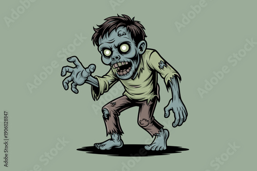 Cartoon zombie character walking forward with creepy glowing eyes tattered clothes shambling undead monster illustration for halloween party flyers spooky event promotions horror game graphics scary c