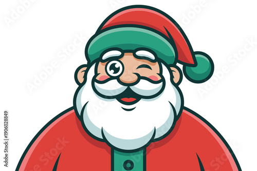 Joyful cartoon Santa Claus character winking and smiling with white beard and festive red suit for Christmas holiday season greeting cards advertising and winter celebration design elements