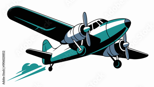 Vintage twin engine airplane flying upward with speed lines and cloud icon retro aviation transport concept for travel tourism and adventure themes abstract illustration with bold colors and clean des