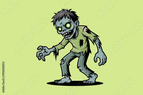 Cartoon zombie character shambling forward with glowing green eyes tattered clothes and outstretched hands scary undead creature illustration for Halloween and horror themes whimsical spooky monster d
