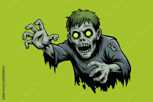 Creepy zombie character reaching forward with glowing eyes and tattered clothes for scary horror halloween or haunted house theme spooky undead monster illustration concept for party invitation or gam