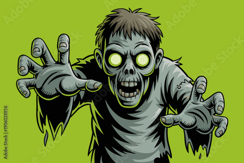 Creepy cartoon zombie reaching forward with glowing eyes and tattered clothes terrifying monster horror Halloween illustration for spooky themes and scary marketing campaigns