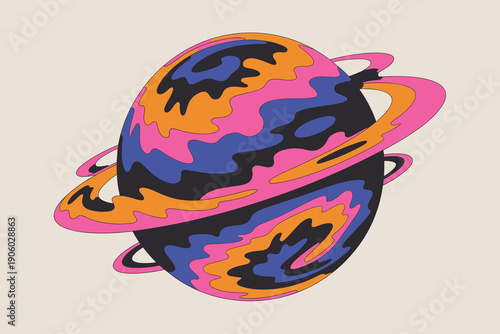 Abstract psychedelic planet with rings in vibrant retro color palette and swirling pattern for cosmic space exploration and vintage science fiction themes illustration