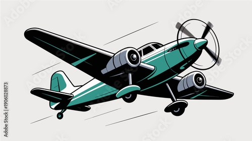 Vintage twin-engine propeller airplane in flight soaring through the sky with spinning blades and retro design for aviation travel and transport themes transportation concept illustration