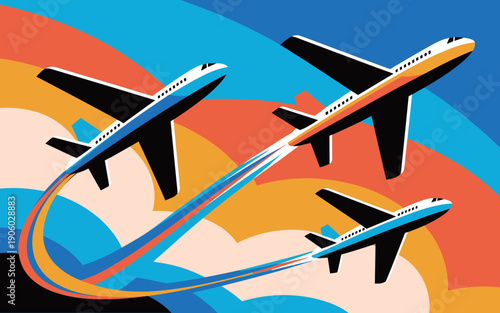 Three modern passenger airplanes flying in formation across a vibrant abstract sky with colorful contrails symbolizing global travel adventure journey and aviation industry growth for transportation c