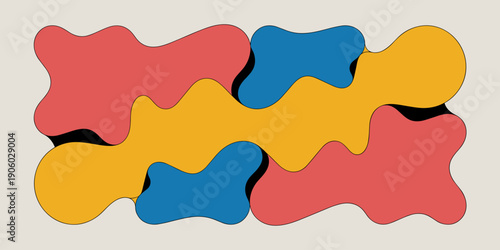Abstract organic shapes interconnected forming a fluid mosaic pattern in vibrant coral yellow and blue colors with black outlines and soft shadows creating depth and movement for modern graphic design