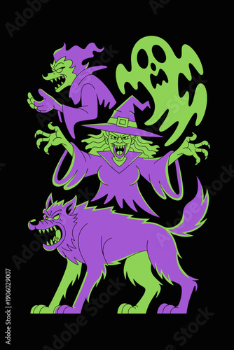 Spooky cartoon witch ghost and werewolf characters for Halloween concept design creative spooky monster illustration for holiday celebration spooky season party invitation graphic element cartoon styl