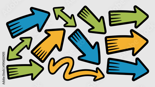 Collection of colorful cartoon arrows pointing in different directions representing choice direction strategy decision making confusion and variety for graphic design business concepts and infographic