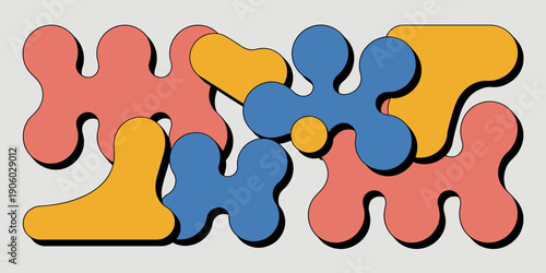 Abstract organic shapes interlocking in playful arrangement modern graphic design with vibrant coral blue and yellow blobs and shadows for creative concepts and whimsical backgrounds