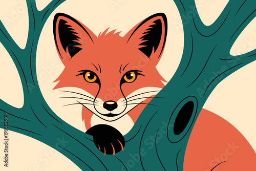 Orange fox hiding behind teal tree branches in forest woodland nature scene with watchful eyes curious expression playful mood simple illustration for children books or wildlife concepts