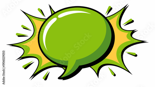 Green comic book speech bubble exploding with yellow starburst effect for dialogue communication conversation message announcement or notification graphic design element vibrant cartoon style message