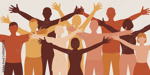 Diverse group of people with arms raised in unity and celebration celebrating diversity and inclusion with a feeling of community and togetherness for teamwork and support concepts professional illust