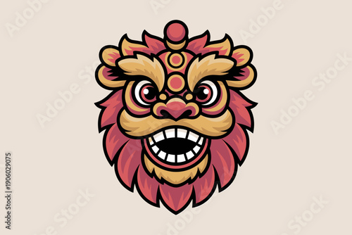 Vibrant Chinese lion dance head illustration symbol of good luck and prosperity festive traditional cultural celebration element for Asian festivals and New Year events graphic design concept