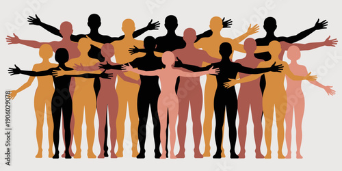 Diverse group of stylized human figures in warm earth tones embracing each other symbolizing unity community connection teamwork diversity and collaboration for global business concepts and social awa