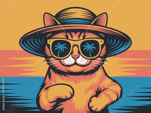 Cool cat wearing sunglasses and straw hat enjoying summer vacation beach vibes and tropical sunset reflection in eyewear for holiday travel leisure and relaxation concept illustration