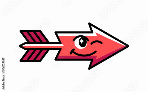 Animated cartoon red arrow character winking with happy smile and sparkling eye a playful mascot illustration for success direction forward movement and positive goals in business marketing and educat