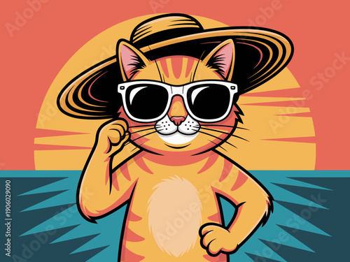 Stylized cartoon ginger tabby cat character wearing wide brim sun hat and sunglasses posing confidently at beach ocean sunset backdrop retro vibe vibrant colors graphic illustration for summer vacatio
