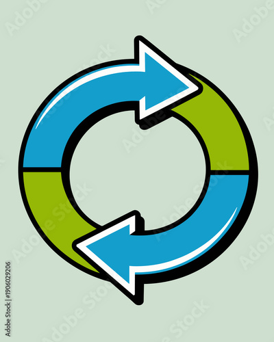 Circular arrow infographic graphic representing process cycle repetition and continuous flow with blue and green segments symbolizing progress and renewal for business diagrams and data visualization