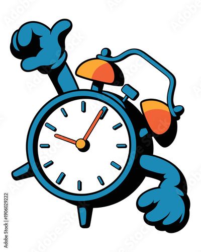 Cartoon alarm clock character giving thumbs up gesture with expressive blue arms and orange bells representing time management success and deadline achievement concept illustration for business planni