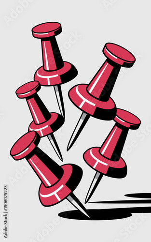 Red thumbtacks scattered abstract composition graphic design element for office supplies stationery reminders planning project management business concept illustration