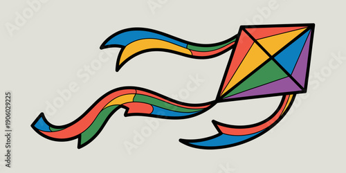 Rainbow kite flying high with colorful streaming ribbons on light background celebrating freedom joy and childhood fun in a vibrant graphic illustration for summer holidays and playful marketing campa