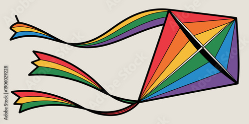 Vibrant rainbow kite soaring through clear sky with flowing colorful streamers and geometric pattern illustration for summer fun and playful outdoor activity concept representation