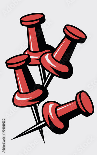 Red push pins scattered on white background office supplies for attaching notes and reminders stationery concept for organization planning and ideas graphic illustration