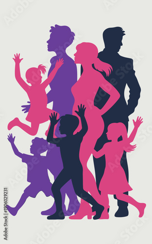 Diverse family silhouettes moving forward together representing unity progress and generational connection in a modern abstract style for lifestyle concepts and community themes