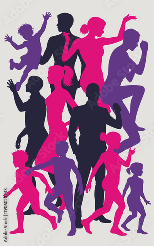 Diverse group of people silhouettes in vibrant pink and purple colors celebrating life and movement diverse generations family friends and community connection dynamic energy and joyful activity for m