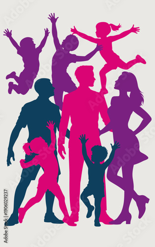 Vibrant family silhouettes jumping and dancing with joy celebrating togetherness in a modern abstract style representing happiness connection childhood and parental love for lifestyle marketing or soc