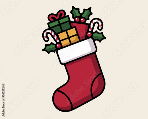 Christmas stocking filled with gifts candy canes and holly berries festive holiday surprise concept for winter season celebrations and New Year traditions warm cheerful illustration for seasonal marke