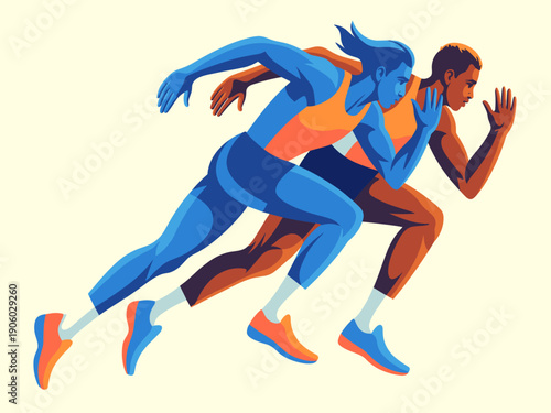 Two diverse athletes sprinting competitively in a dynamic illustration representing speed competition success and athletic achievement for sports marketing and fitness concepts