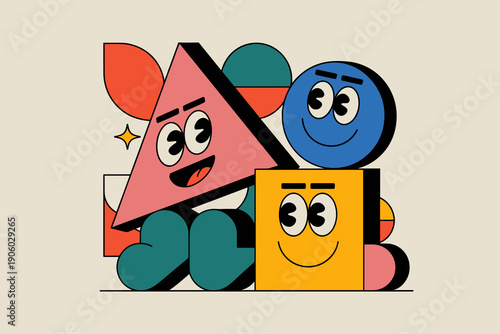 Abstract geometric cartoon characters friends smiling happily together in a playful retro style illustration for creative kids concept design and children educational materials