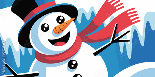 Cute cartoon snowman character with red scarf and black hat waving joyfully in a winter wonderland snow scene illustration for holiday greeting cards festive marketing campaigns and children's book de