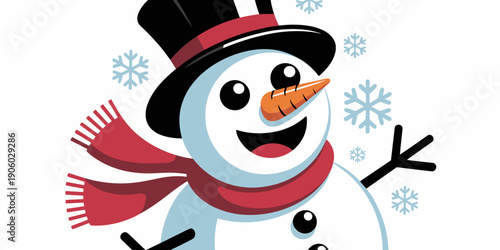 Cute snowman wearing black top hat and red scarf with carrot nose smiling happily surrounded by snowflakes on white background for winter holiday season greeting card design and seasonal advertising c