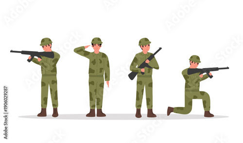 Soldier set. Four soldiers in camouflage and helmets in combat gear with rifles, in standing, kneeling and salute poses