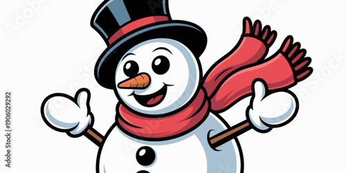 Friendly cartoon snowman character wearing black top hat and red scarf waving joyfully with carrot nose and button eyes for winter holiday season celebration greeting card advertisement festive greeti